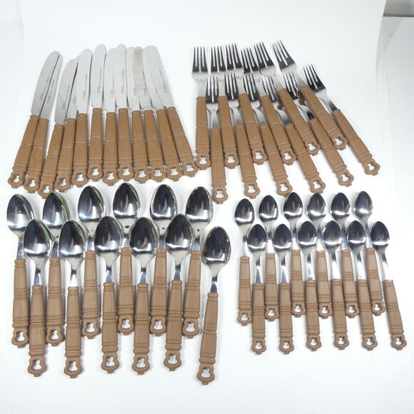 Grasoli Rustikal Germany Flatware Set 48pc Service for 12 MCM Faux Wood Handles - Picture 1 of 9
